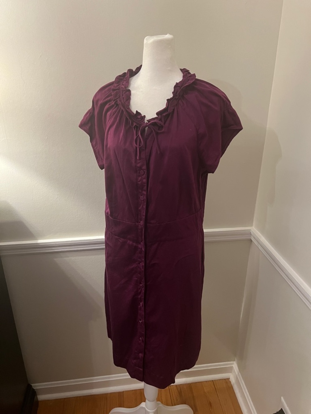 LOFT Plum Ruffle-Trim Button-Front Mini Dress